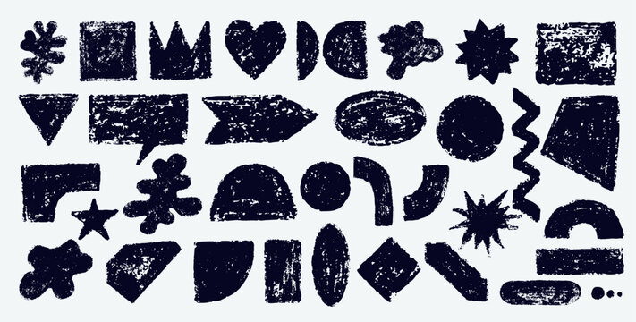 Set of crayon drawn basic black shapes, vector quirky figures. Hand drawn geometric pencil or chalk texture, abstract old figures triangle, square, crown, rectangle circle. Template sketchy kids style