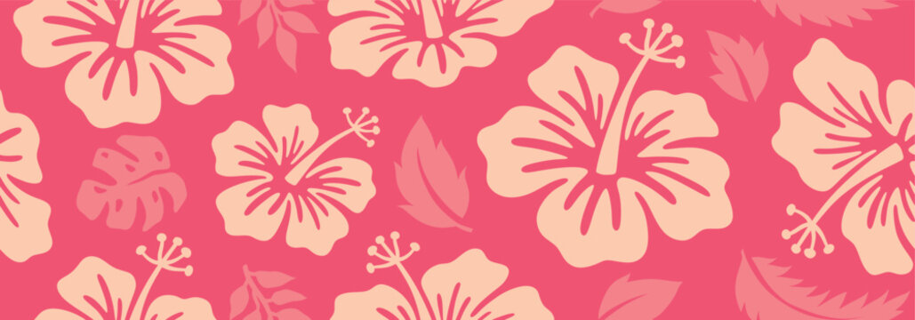 Hibiscus flower with tropical leaf seamless pattern