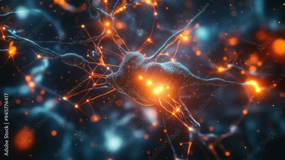 Poster abstract neuron cell network with glowing synapses - 3d illustration.