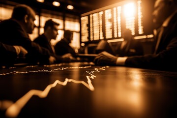 Business professionals analyzing data trends in a modern financial environment, highlighting collaboration in decision-making.