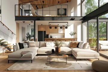 Fototapeta premium Modern Living Room Design with Sectional Sofa and Large Windows
