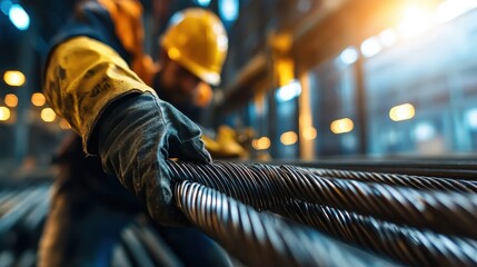 Naklejka premium Close-up of a worker handling steel bars in a construction site, showcasing the industrial work environment and safety gear.