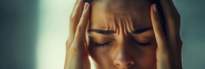 A woman sits quietly with closed eyes, her hands pressed against her head, conveying feelings of stress and anxiety. Generative AI