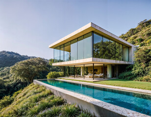 A stunning view of a large, modern luxury house with sleek glass walls and minimalist design