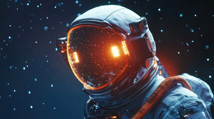 An astronaut in a futuristic spacesuit, helmet with glowing lights, floating in space