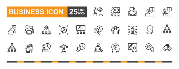 Business icon set. Meeting, infographic, analysing and more line icon.