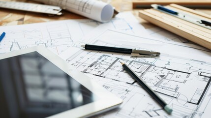 A clutter of architectural blueprints, technical pens, and a digital tablet on a work desk signifies ongoing project planning.