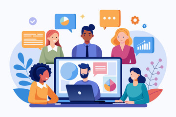 Online discussion board, group chat or video focused group meeting, online conference talking, team chat or technology for team conversation concept, business people chatting dialogue in computer
