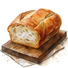 A watercolor illustration of a freshly baked loaf of bread on a rustic wooden cutting board
