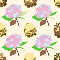 Floral spring seamless pattern with hydrangea and pine blossom, vector illustration for nature design, 
fabric pattern