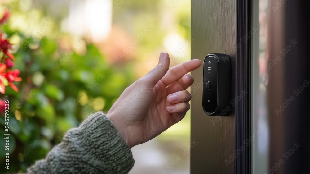 Poster seamless access control: person using voice commands to unlock smart lock with smooth door opening