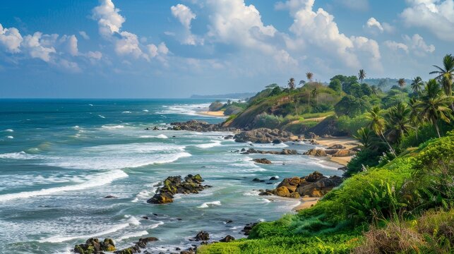 A breathtaking panoramic view of the picturesque coastline of Matara, Sri Lanka, showcasing crystal-clear turquoise waters, rolling waves, lush green vegetation, and a serene sky. This image symbolize