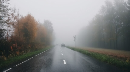 Fototapeta premium Autumn Landscape Highway Rain and Fog Europe