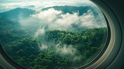 A breathtaking view of a dense, green forest seen from an airplane window. The clouds dance around the mountain peaks, creating a mesmerizing scene of nature's beauty. This image symbolizes freedom, e