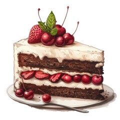 A watercolor illustration of a slice of chocolate cake with white frosting, topped with strawberries, cherries, and a sprig of mint