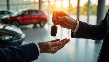 Close-up of a luxury car key transfer, with warm light highlighting the key and hands, and a blurred high-end car in the background.






