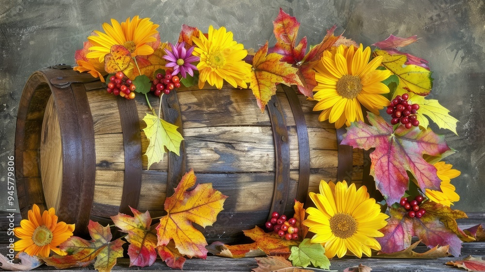 Sticker A rustic wooden barrel filled with autumn flowers 