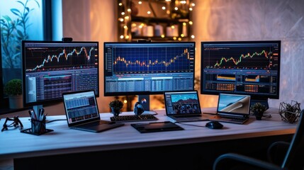 Fototapeta premium A modern desk with three monitors and two laptops on it