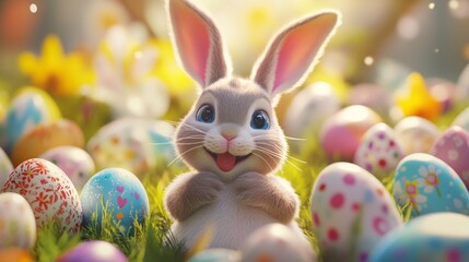 Joyful Easter Bunny surrounded by colorful Easter eggs in a sunny spring meadow