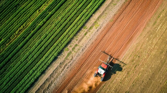 An aerial view of a tractor plowing through vast, sunlit agricultural fields, creating a striking contrast between green crops and brown soil.