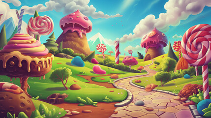 The Fantasy sweet candy land landscape background, Game background, Illustration