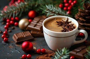 A cup of coffee surrounded by Christmas decorations, pine branches, and red beads on the table