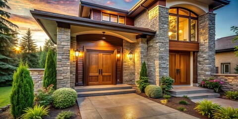 Fototapeta premium Warm golden light spills onto the lush greenery and polished wooden door of a modern suburban home's inviting entrance, accented with elegant stonework and sleek metal fixtures.