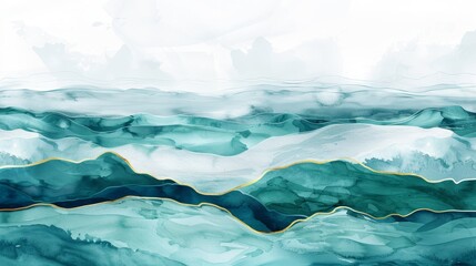 A calming and minimal abstract watercolor painting depicting a coastal scene. The soft blues and greens evoke a sense of tranquility and peace, while the subtle gold accents add a touch of luxury. The