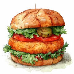 A hand-drawn illustration of a juicy burger with a crispy chicken patty, lettuce, tomato, and pickle, rendered in a vibrant watercolor style