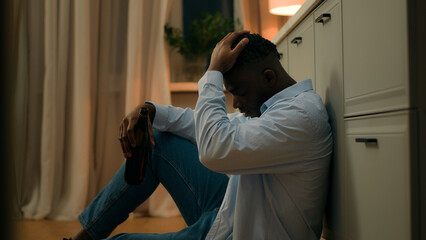 Stressed alcohol addicted drunk African American male stress problem trouble addict depressed...