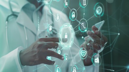 Concepts of digital health are depicted with a doctor holding a smartphone, touchpoints of holographic medical symbols connecting on transparent charts.