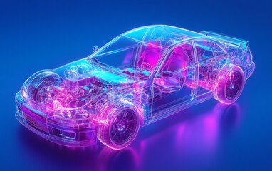 A car with transparent bodywork and an internal structure. Transparent technological car frame consisting of blue, purple and pink rays, technologies of the future