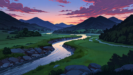 art landscape illustration with long river