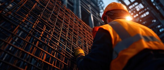 Construction worker inspecting steel reinforcement bars at a building site during twilight, showcasing hands-on effort in safety gear.