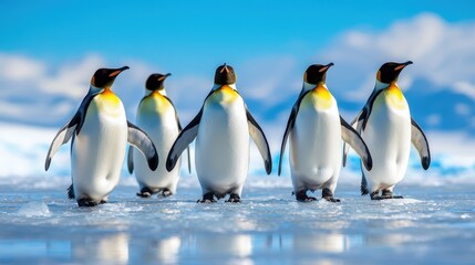 Obraz premium A group of penguins waddling across the icy terrain