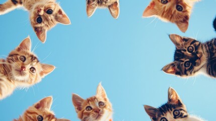 Obraz premium A circle of curious kittens looking down at the camera against a bright blue sky, capturing an adorable and playful moment.