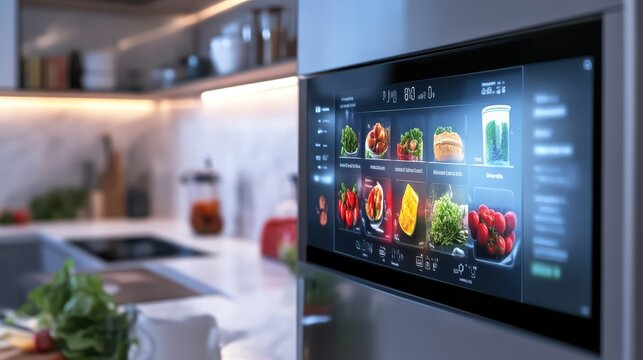 Modern kitchen with smart fridge display featuring various fresh ingredients and digital interface for meal planning.