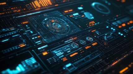 Obraz premium Futuristic Tech Interface with Blue and Orange Glowing Elements - Abstract Digital Dashboard