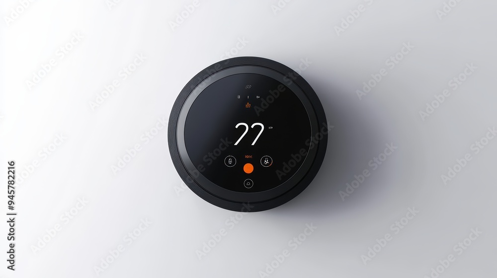 Poster modern smart thermostat displaying temperature settings in a sleek, minimal design on a light backgr
