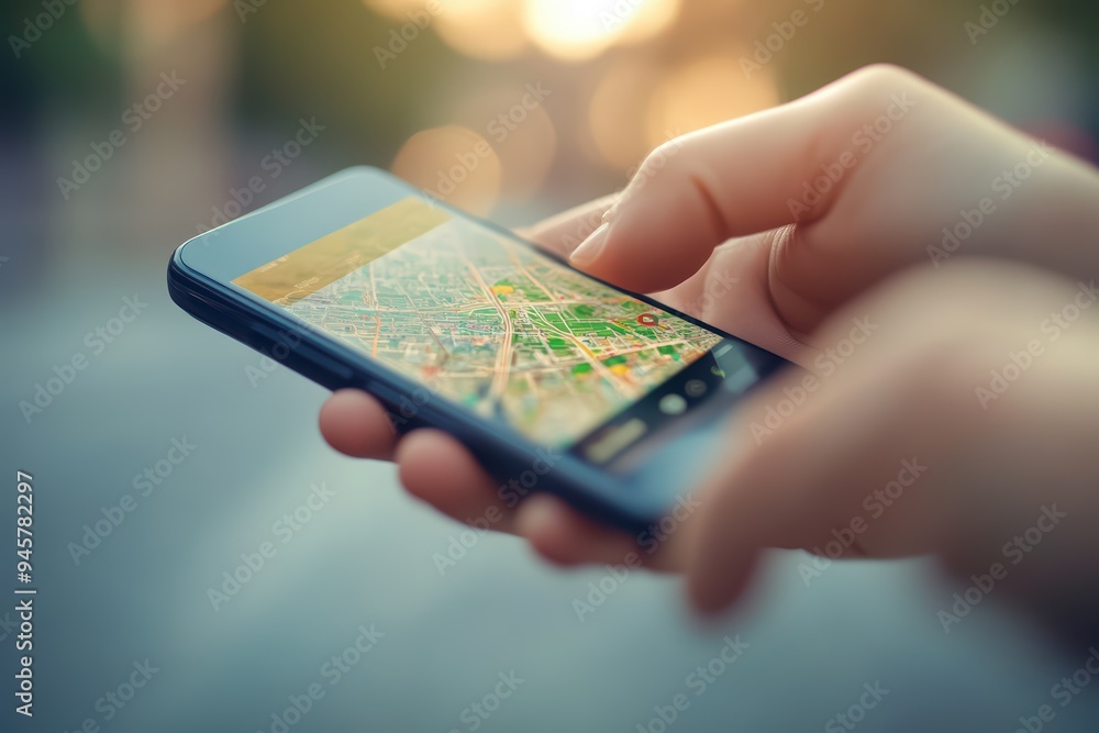 Poster person using smartphone with map application outdoors, exploring urban area and navigating through s
