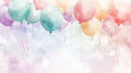 Watercolor Pastel Balloons with Bokeh Background for Celebration, Party, or Birthday Card Design.