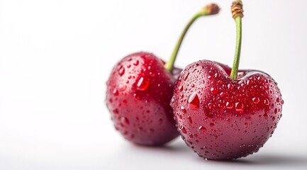 Fresh Dew-Kissed Cherries on White Background