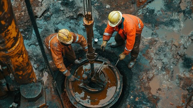 There are two men diligently working on an oil rig situated in the mud