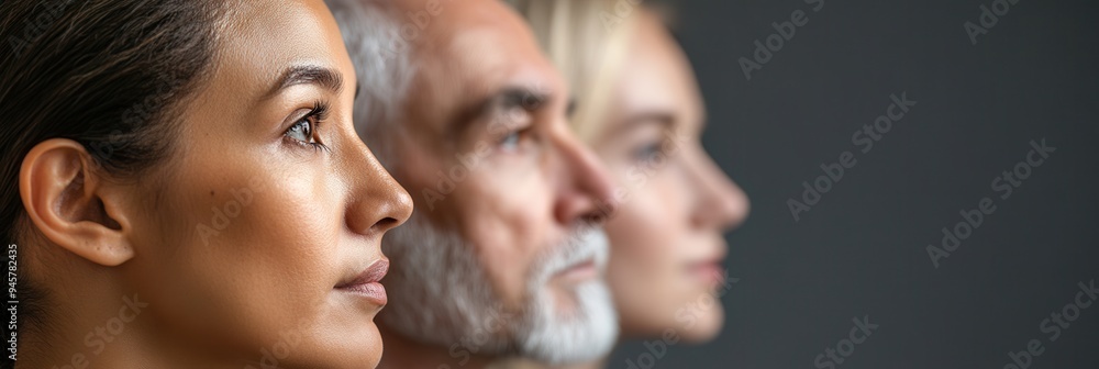 Poster Three individuals in profile, representing diversity, focus on their thoughts during a collaborative brainstorming session in a contemporary workspace. Generative AI