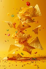 Colorful tortilla chips suspended in mid-air amidst scattered spices and vibrant decorative elements against a bright yellow backdrop