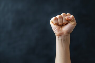A raised fist symbolizing strength, defiance, and unity against oppression, set against a dark background.