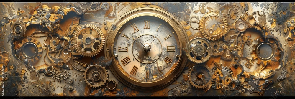 Poster a captivating steampunk-inspired mechanical clock, its intricate gears and cogs symbolize time, prec
