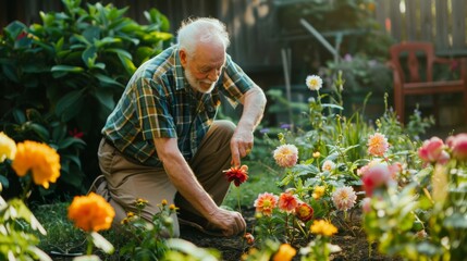 An elderly man in a plaid shirt tends to a colorful garden, delicately handling vibrant flowers in his backyard.