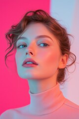 Young woman poses with soft features and colorful lighting in a studio setting during a photoshoot
