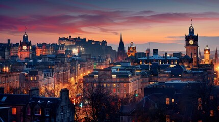 Obraz premium A captivating view of Edinburgh, Scotland, as the sun sets. The city's iconic castle sits prominently in the background, silhouetted against a vibrant sunset sky. The cityscape unfolds below, showcasi